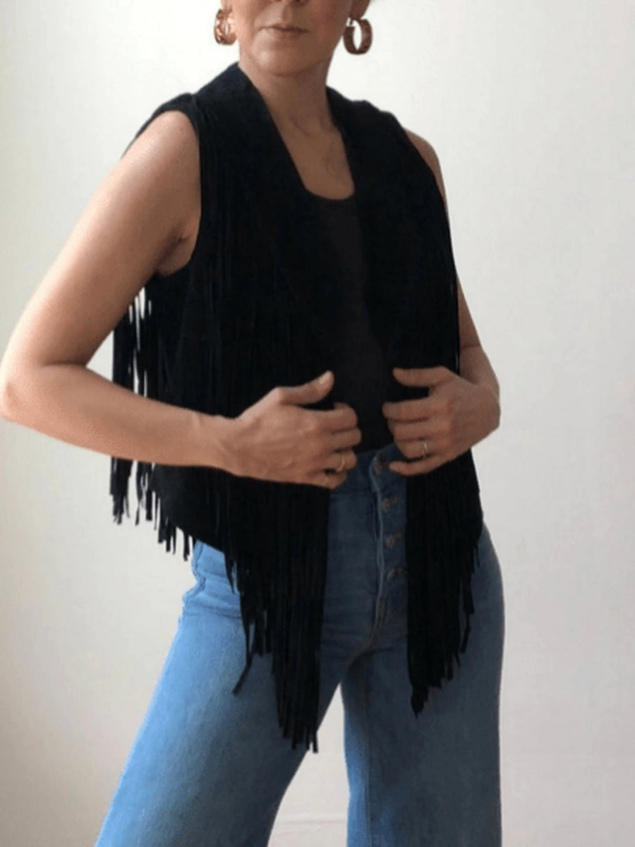 Womens Black Suede Fringe Jacket, Waterfall Jacket, Sleeveless Jacket