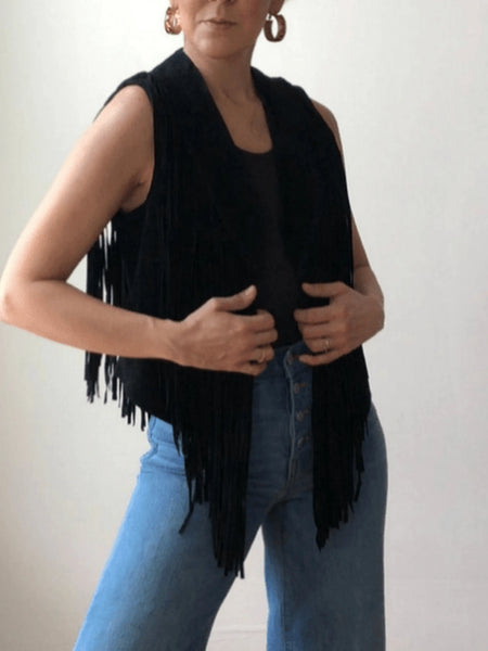NOORA Womens Handmade Black Suede Fringe Jacket | Waterfall Jacket | Sleeveless Jacket | ST0106 — standardized studio hero