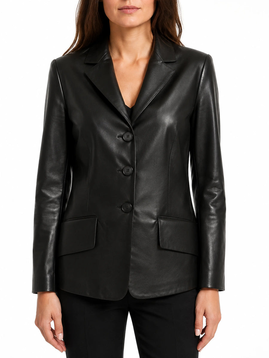 Womens Lambskin Black Leather Blazer With Button & Pocket, Formal Wear Blazer, Slim Fit