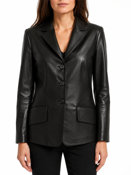 NOORA Womens Lambskin Black Leather Blazer With Button & Pocket | Formal Wear Blazer | Slim Fit | ST099 — standardized studio hero