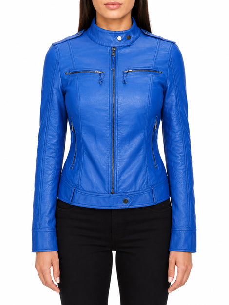 Womens Real Lambskin Royal Blue Leather Jacket With Zipper & Pocket, Shoulder Strap, Snap On Sleeves