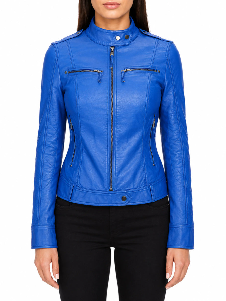 Womens Real Lambskin Royal Blue Leather Jacket With Zipper & Pocket, Shoulder Strap, Snap On Sleeves