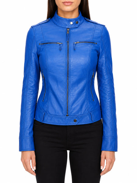 NOORA Womens Real Lambskin Royal Blue Leather Jacket With Zipper & Pocket | Shoulder Strap | Snap On Sleeves | ST080 — standardized studio hero