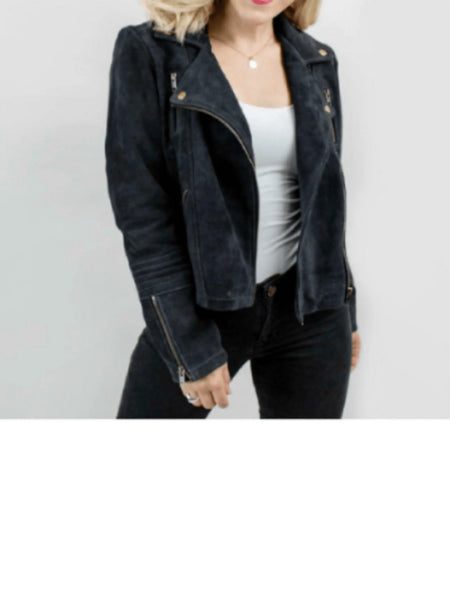 NOORA Womens Lambskin Navy Blue Suede Leather Jacket With Zipper, Western Style Biker suede jacket YK068 — standardized studio hero