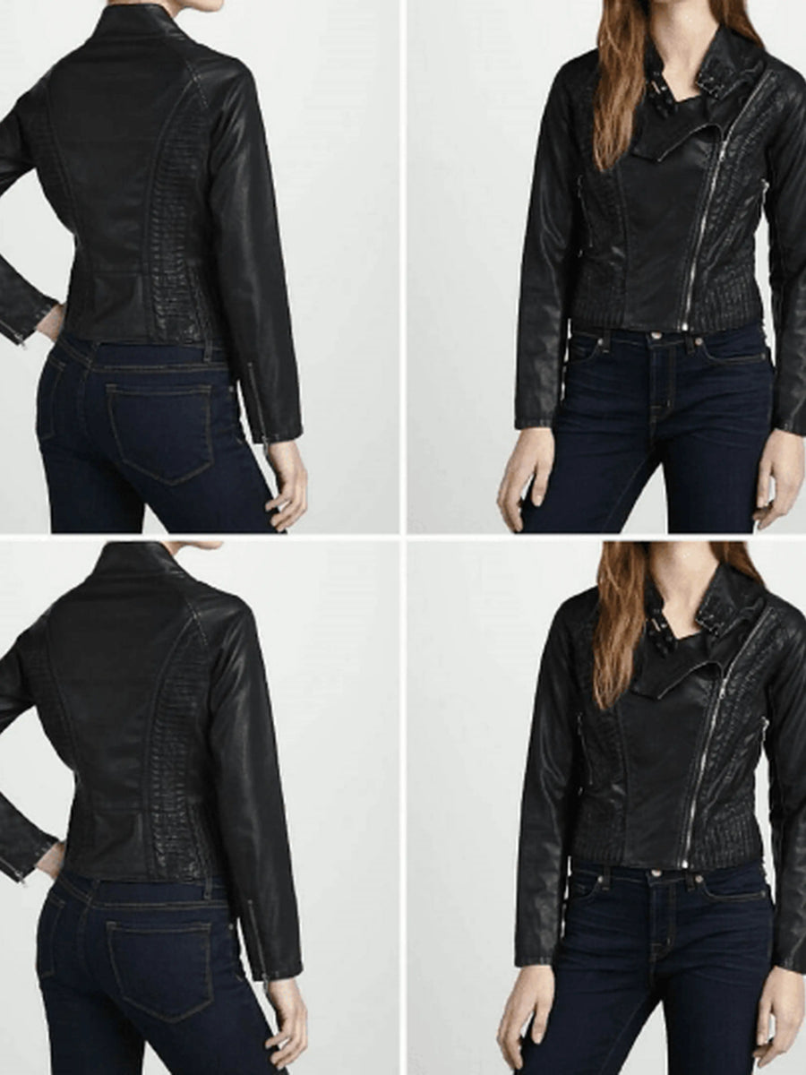 Womens Black Leather Biker Jacket, Quilted Jacket With One Side Zipper, Zip On Sleeves