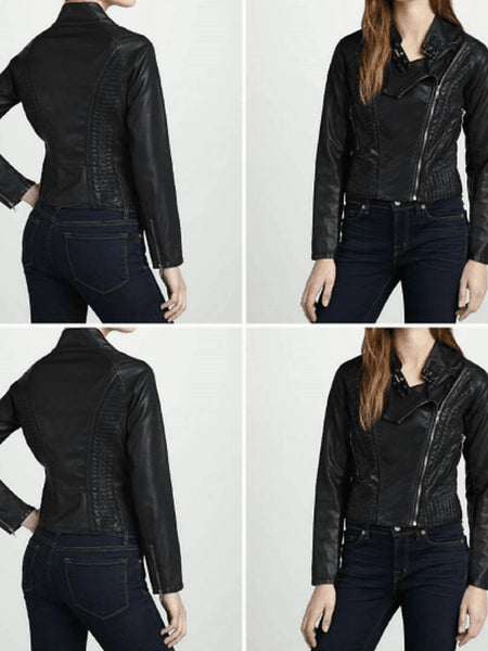 NOORA Womens Black Leather Biker Jacket , Quilted Jacket With One Side Zipper | Zip On Sleeves | ST084 — standardized studio hero