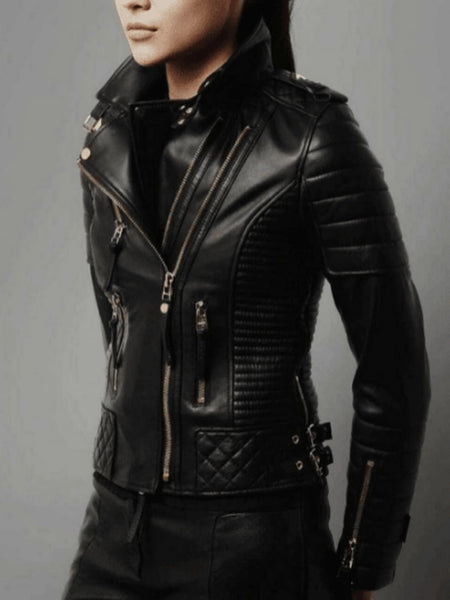 NOORA Womens Lambskin Leather Black Quilted Jacket With Zipper & Pocket | Belted Collar | Zip On Sleeves | rt556 — standardized studio hero