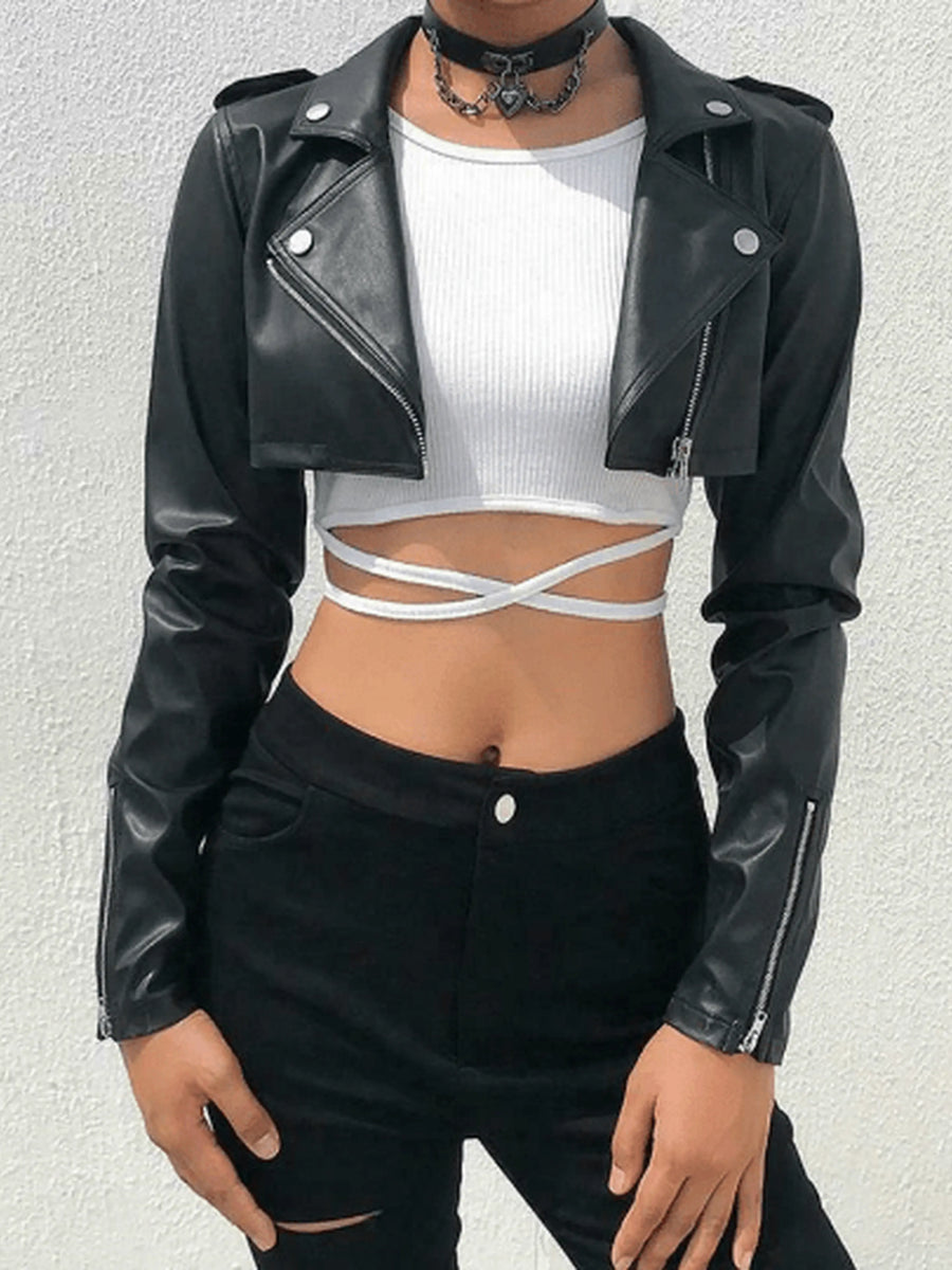 Womens Lambskin Leather Black Crop Jacket With One Side Zipper, Shoulder Strap, Zip On Sleeves