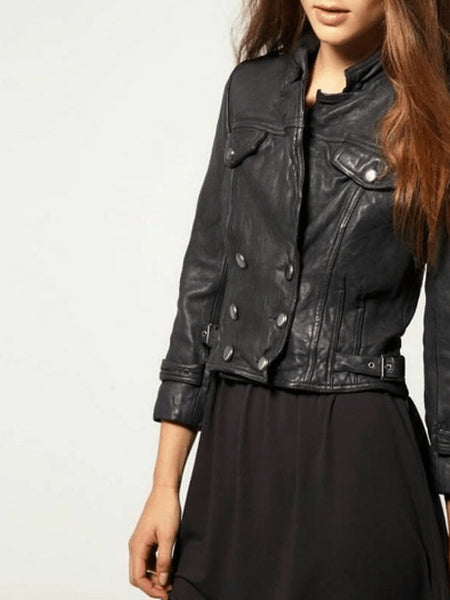 NOORA Womens Lambskin Leather Black Biker Jacket With Zipper & Snap |  Pocket | Belted Jacket | ST060 — standardized studio hero