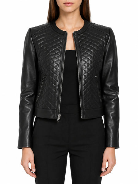 NOORA Womens Black Leather Biker Quilted Jacket With Zipper & Pocket | Slim Fit Jacket | Full Sleeves | ST077 — standardized studio hero
