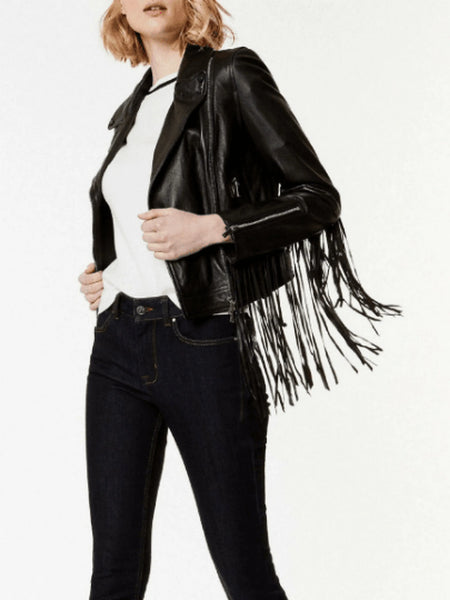 NOORA Womens Real Lambskin Leather Black Fringe Style Jacket With Zipper | Zipped Pocket | Zip On Sleeves | RT109 — standardized studio hero