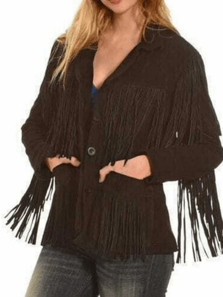NOORA Womens Lambskin Suede Fringe jacket With Button & Pocket | Gift For Her | Vintage Dark Brown Jacket | ST039 — standardized studio hero