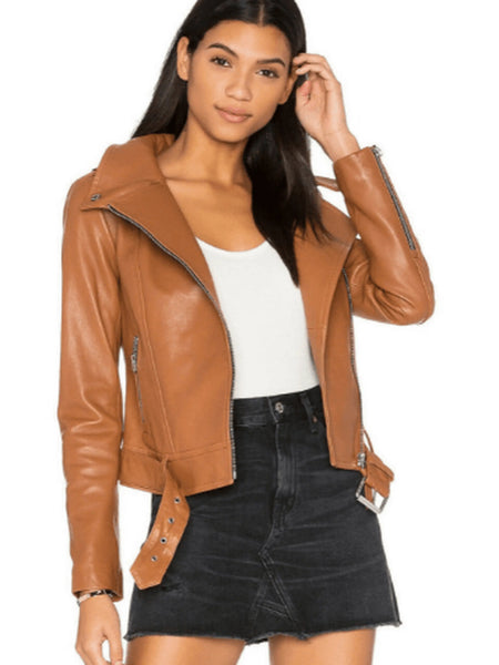 NOORA Womens Brown Leather Biker Jacket  With Zipper & Pocket | Belted Jacket | Zip On Sleeves | ST057 — standardized studio hero