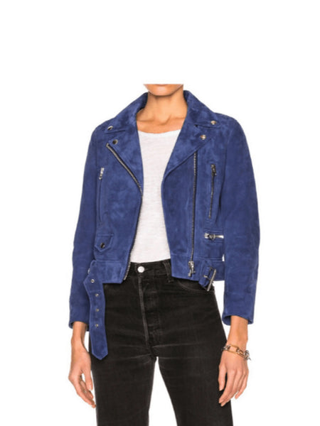 NOORA Womens Lambskin Blue Suede Biker jacket  With Zipper & Pocket | Belted Jacket | Snap On Collar | ST050 — standardized studio hero
