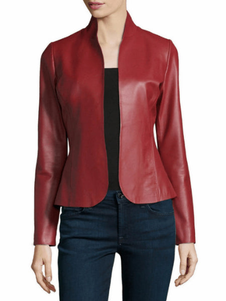 NOORA Womens Lambskin Red Leather Biker Blazer Jacket | Waterfall Style Blazer Jacket | Back Side Pleated | Formal Wear |  ST087 — standardized studio hero