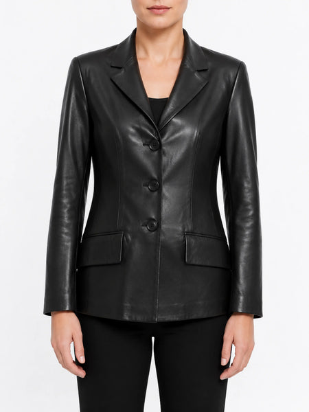 NOORA Womens Real Lambskin Black Leather Blazer With Button & Pocket | Formal Wear Blazer | ST0104 — standardized studio hero