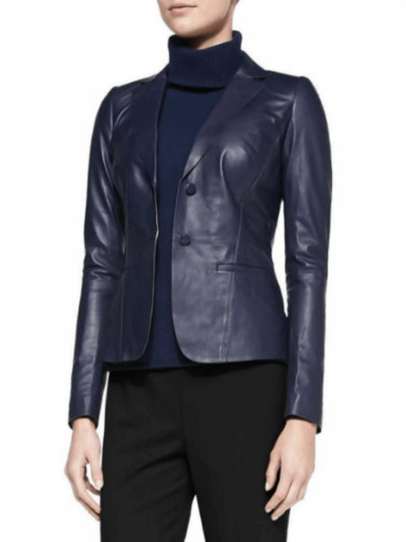 NOORA Women's Lambskin Navy Blue Leather Waterfall Style Blazer | Casual Wear, Formal Wear Blazer | Slim Fit | ST098 — standardized studio hero