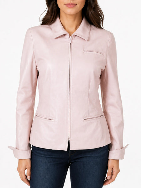 Noora  Women Lambskin Leather jacket Motorcycle Baby Pink Leather Jacket, Shirt Style Casual Jacket With Zipper - standardized hero