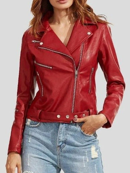 Noora Women's Lambskin Red Leather Jacket, Slim Fit Shinny Jacket, Western Belted Leather Jacket On Movie — standardized studio hero