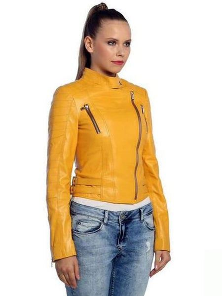NOORA NEW Women's 100% Genuine Soft Lambskin Leather Turmeric yellow Colour Motor Biker Slim Fit Leather ST0214 — standardized leather jacket hero