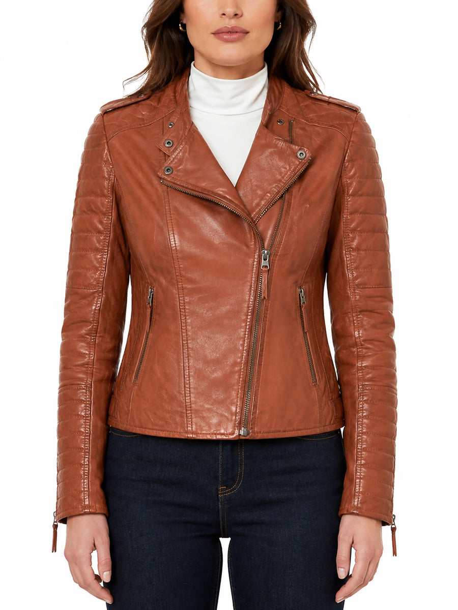 Ladies Brick Tan Colour Jacket, Cross Quilted Leather Jacket With Pocket & Multi Zip Biker Jacket