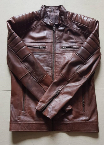 Noora Mens Lambskin  ANTIQUE BROWN Quilted Biker Jacket| Motorcycle Distressed Biker Leather SU0256