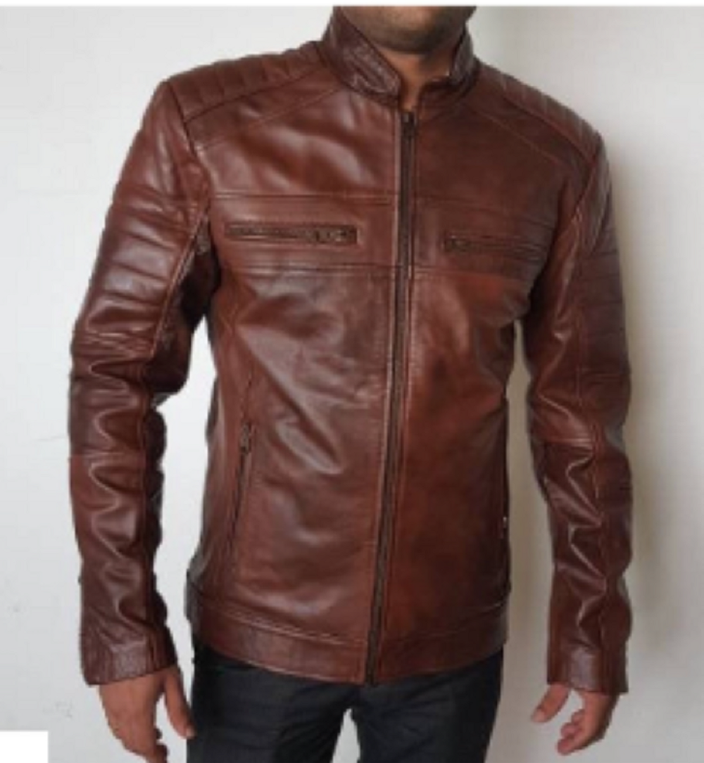 Noora Mens Lambskin  ANTIQUE BROWN Quilted Biker Jacket| Motorcycle Distressed Biker Leather SU0256