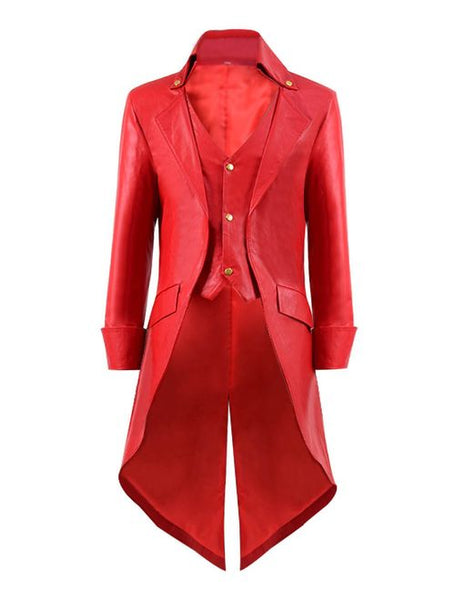 NOORA Men's STEAMPUNK Gothic Victorian Tailcoat Costum RED Genuine Leather Coat Party OverCoat,Long Coat,Classic Young Boy's Dress-SJ507