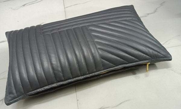 Grey Geometric Quilted Rectangle Leather Cushion Cover - Noora International