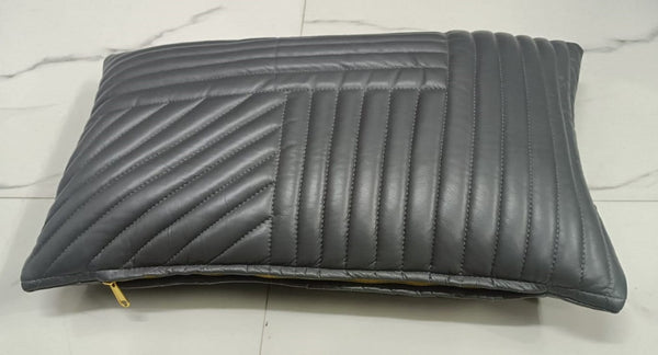 Grey Geometric Quilted Rectangle Leather Cushion Cover - Noora International