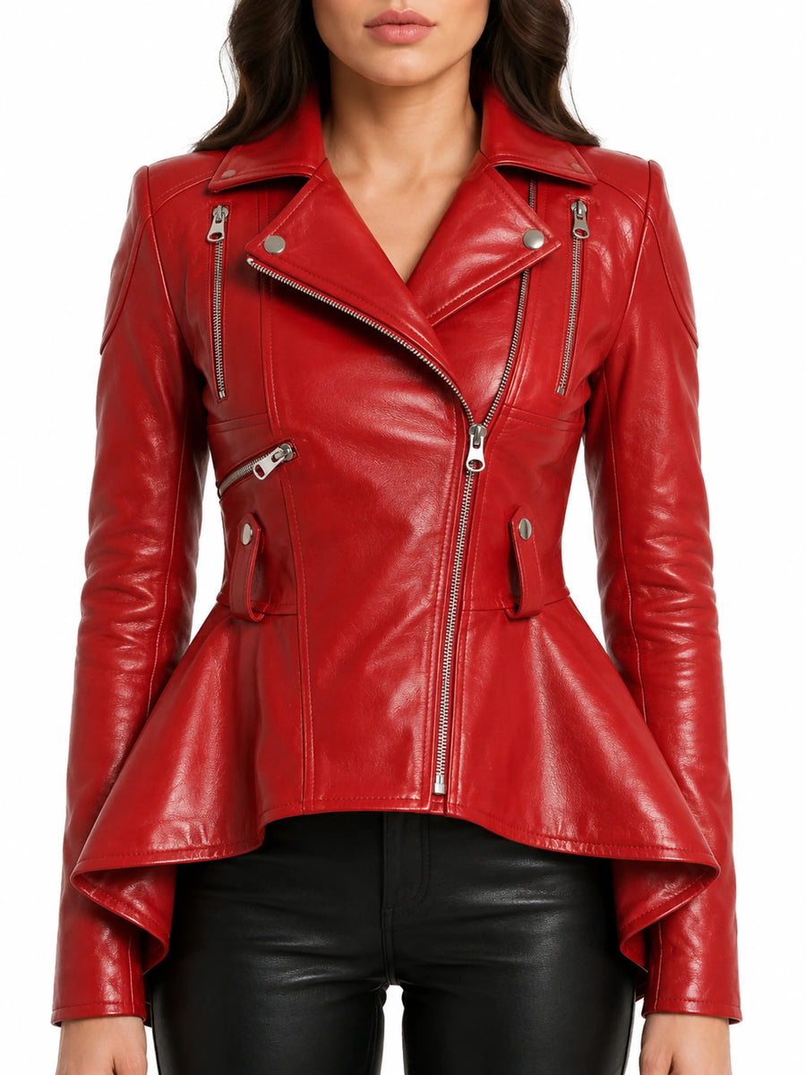 Peplum Hem Asymmetric Red Leather Biker Jacket Women Ruffle