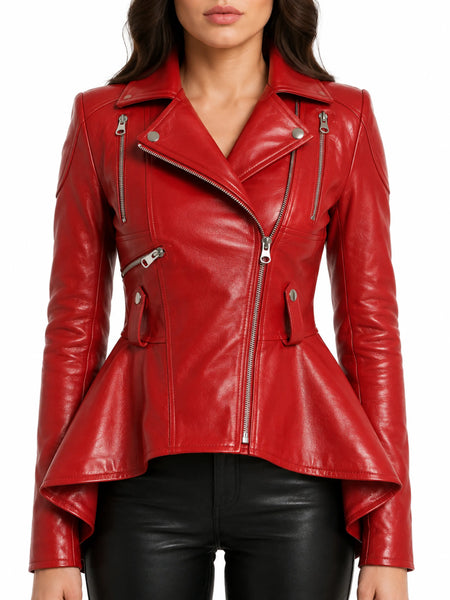 Handmade Peplum Hem Asymmetric Red Leather Biker Jacket Women Ruffle - standardized hero