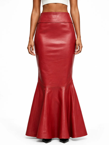 High Waist Mermaid Red Leather Skirt Fishtail Flare Midi Skirt — belly-to-toes white-studio product hero