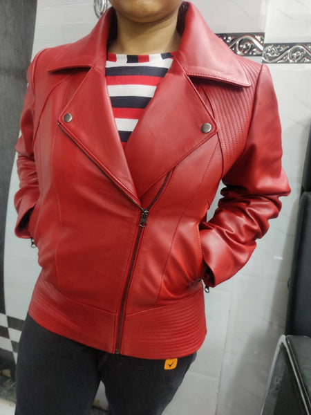 Lambskin Women's Biker Red Leather Jacket Quilted Soft Motor Slim Fit