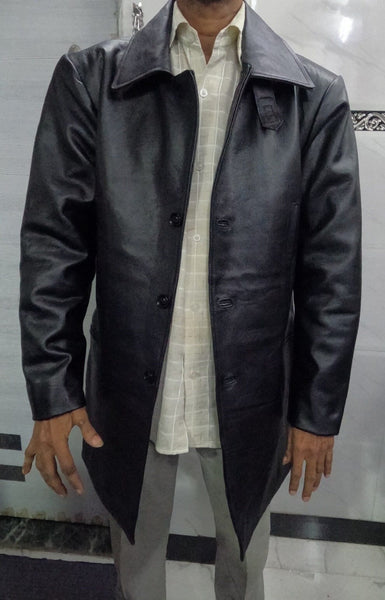 Mens Real Lambskin Leather Overcoat Handmade Classic Black Trench Motorcycle
