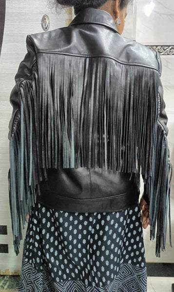 Women Black Fringe Leather Jacket Western Style Motor Biker Jacket with Tassel