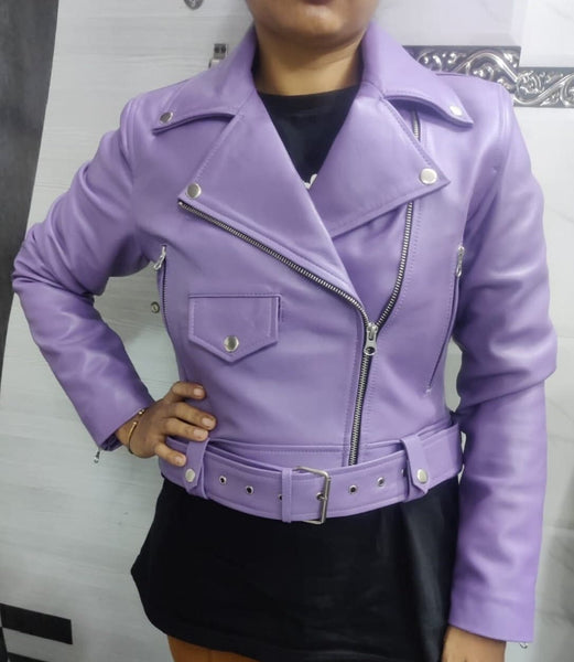 Womens Lavender Leather Cropped Motor Bolero Shrug Style Biker Jacket