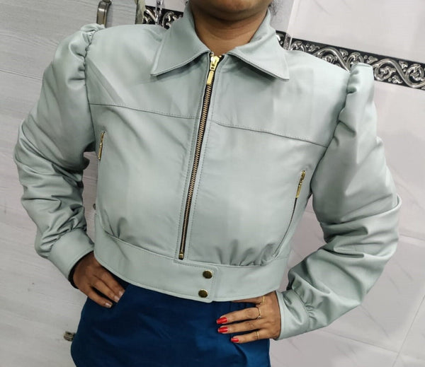 Womens Lambskin Powder Blue CROPPED Leather Jacket | PUFF Sleeves