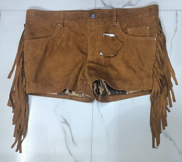 Womens Real Suede Leather Shorts Tan Fringe Western Nicker Shorts