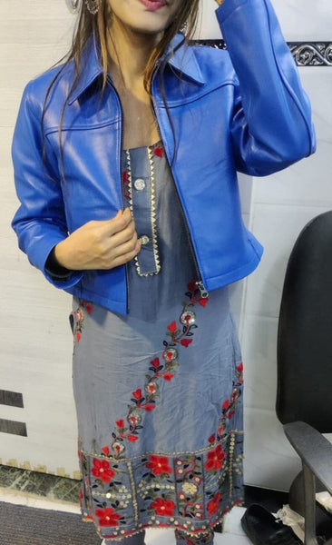 Women Royal Blue Leather Jacket Cropped Motor Biker Bolero Shrug Slim Fit