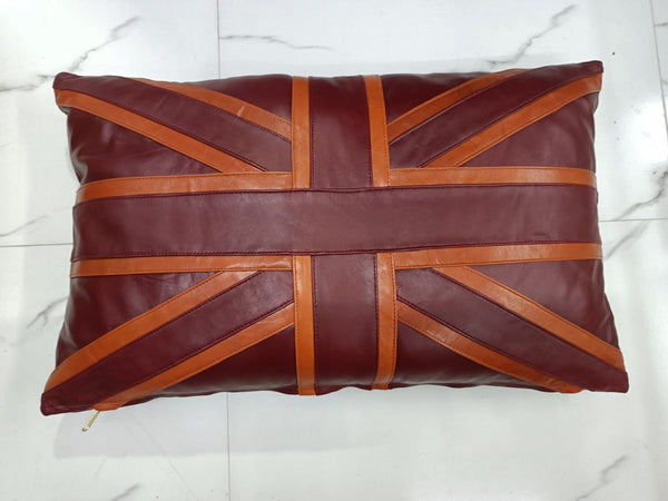 Maroon & Tan Rectangle Lambskin Leather Cushion Cover