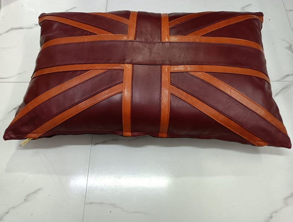 Maroon & Tan Rectangle Lambskin Leather Cushion Cover