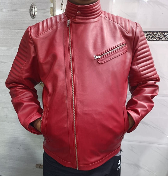 Mens RED Lambskin Leather Jacket Motorcycle Biker Classic Quilted Cafe Racer