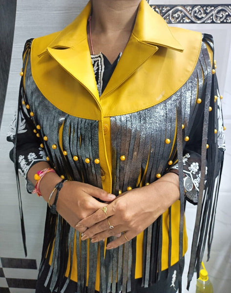Yellow & Black Fringe Leather Vest with Beaded Detail