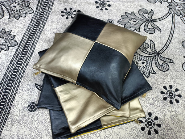 Black & Golden Lambskin Leather Square Cushion Cover