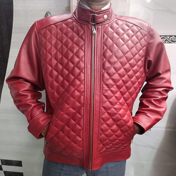Mens Modern Stylish Diamond Stitch Quilted Red Leather Puffer Jacket