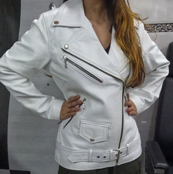 Womens Lambskin White Leather Jacket Stylish Moto Biker Bride Wedding Coat