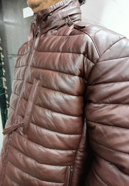 Men's Dark Brown Leather Windbreaker Biker Puffer Jacket