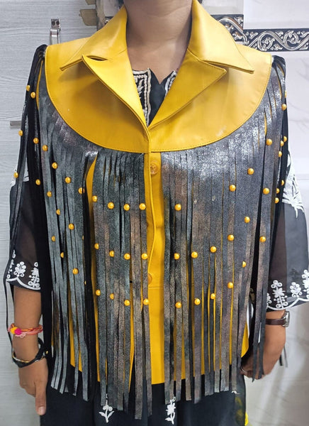 Yellow & Black Fringe Leather Vest with Beaded Detail