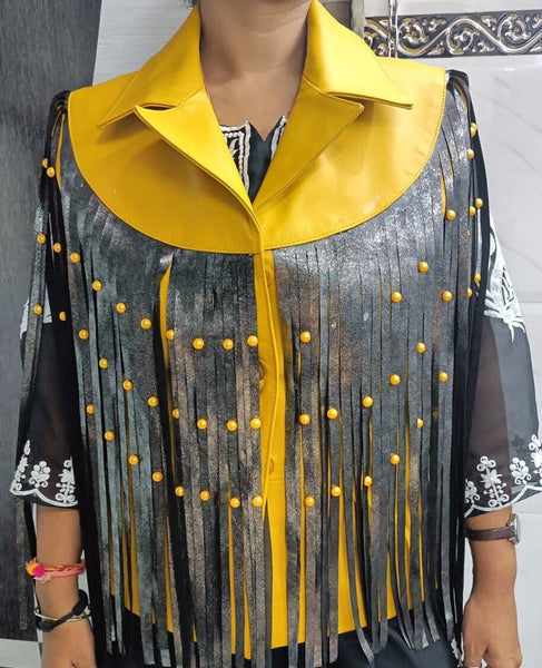 Yellow & Black Fringe Leather Vest with Beaded Detail